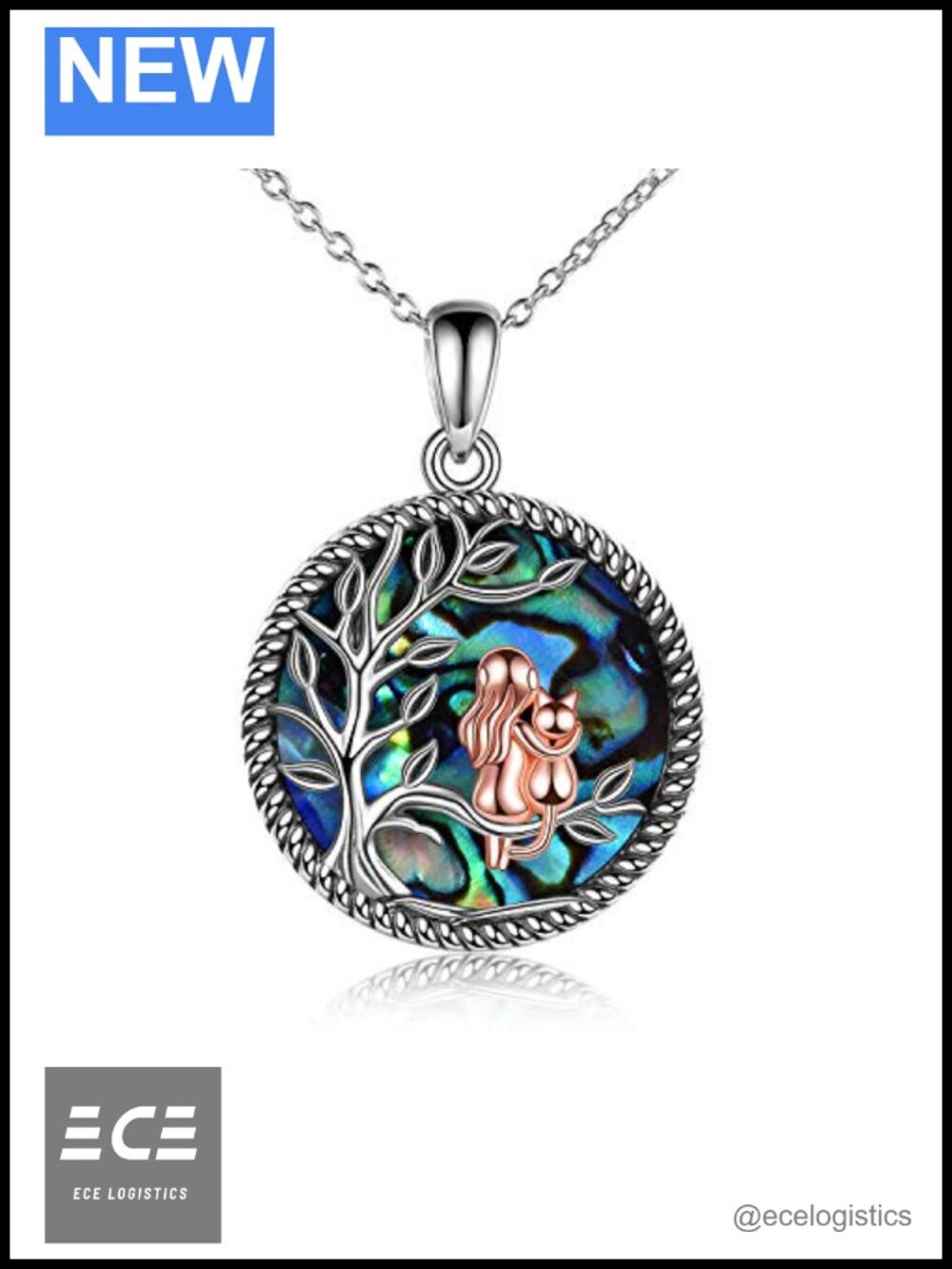 Sterling Silver Cat Necklace Abalone Shell Pendant Gift for Women